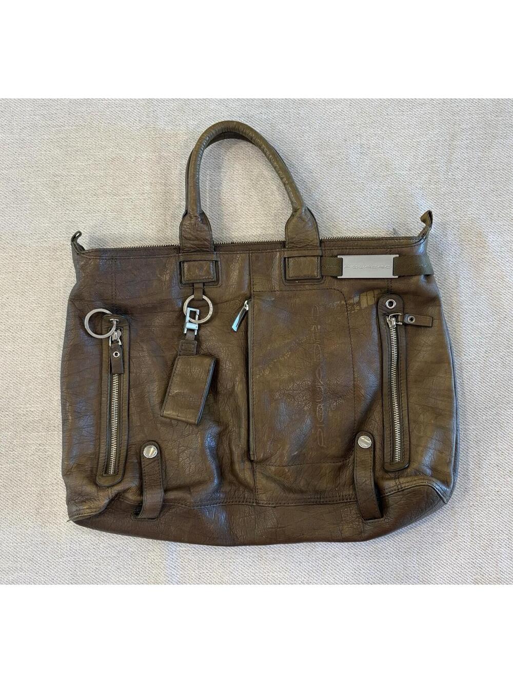 Piquadro Leather Handbag Brown 14.5x12.5" Green/Brown Ultra Supple Leather